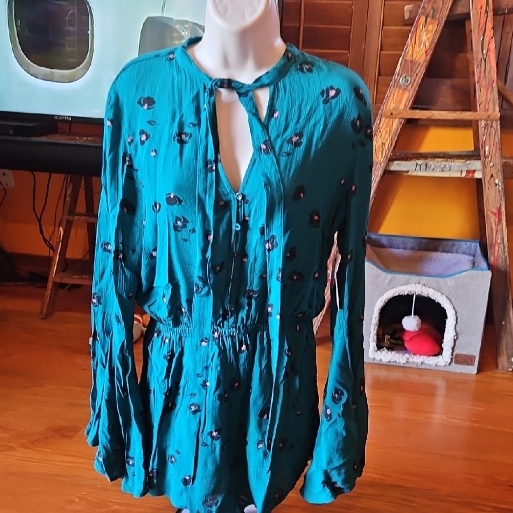 Billabong Teal Floral Long-Sleeve Peasant Top